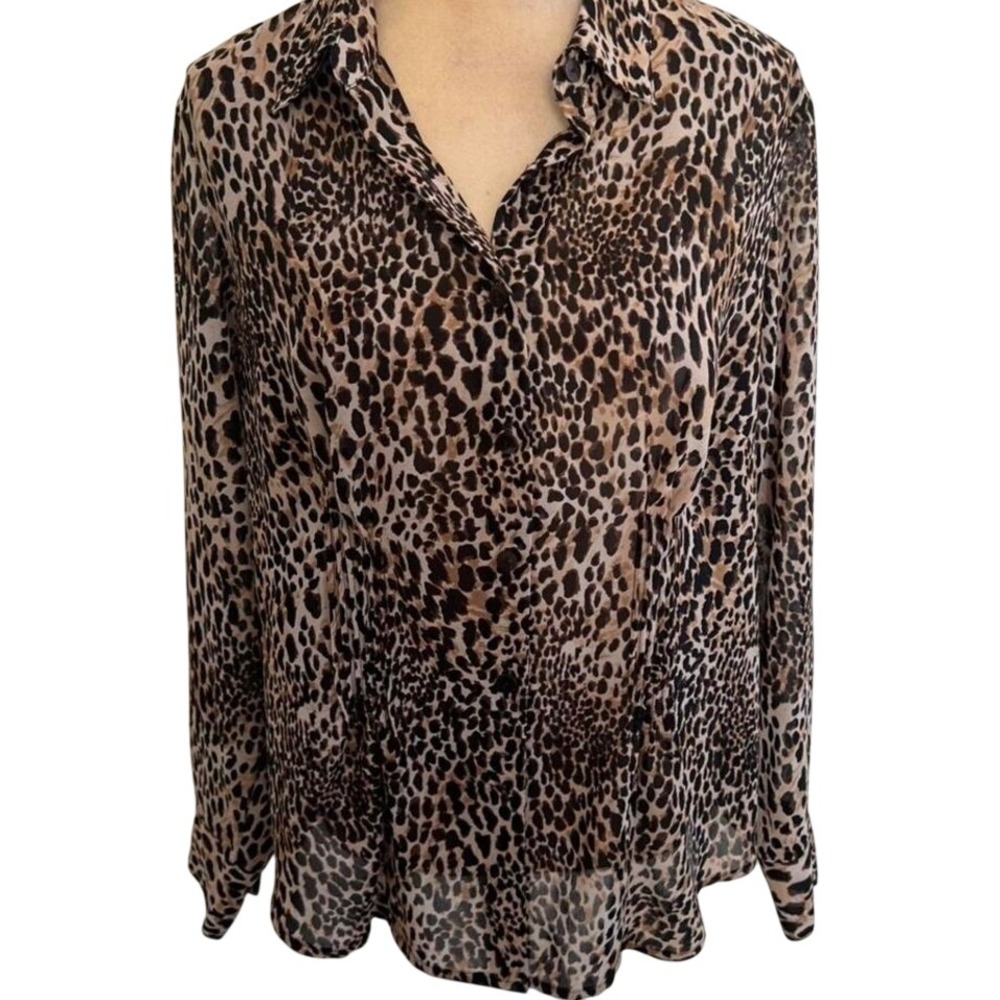 Style & Co Woman Leopard Print Sheer Button Up Blouse Brown Black 14W